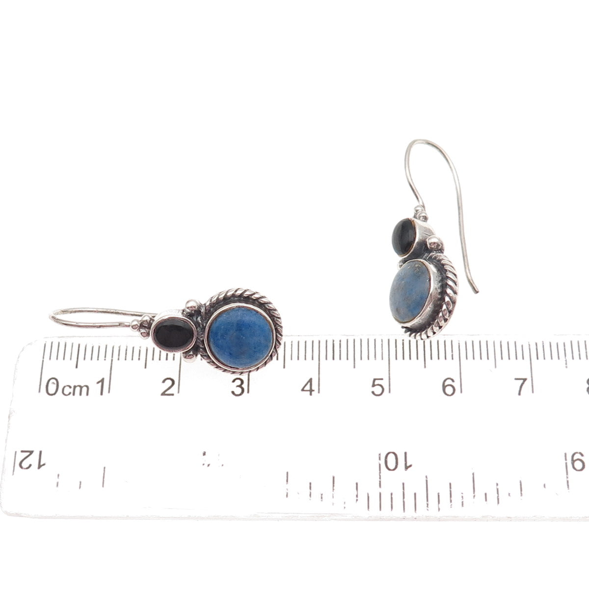 925 Sterling Silver Vintage Real Lapis & Black Onyx Drop Earrings