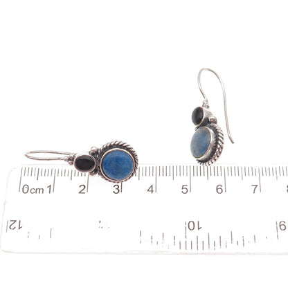 925 Sterling Silver Vintage Real Lapis & Black Onyx Drop Earrings