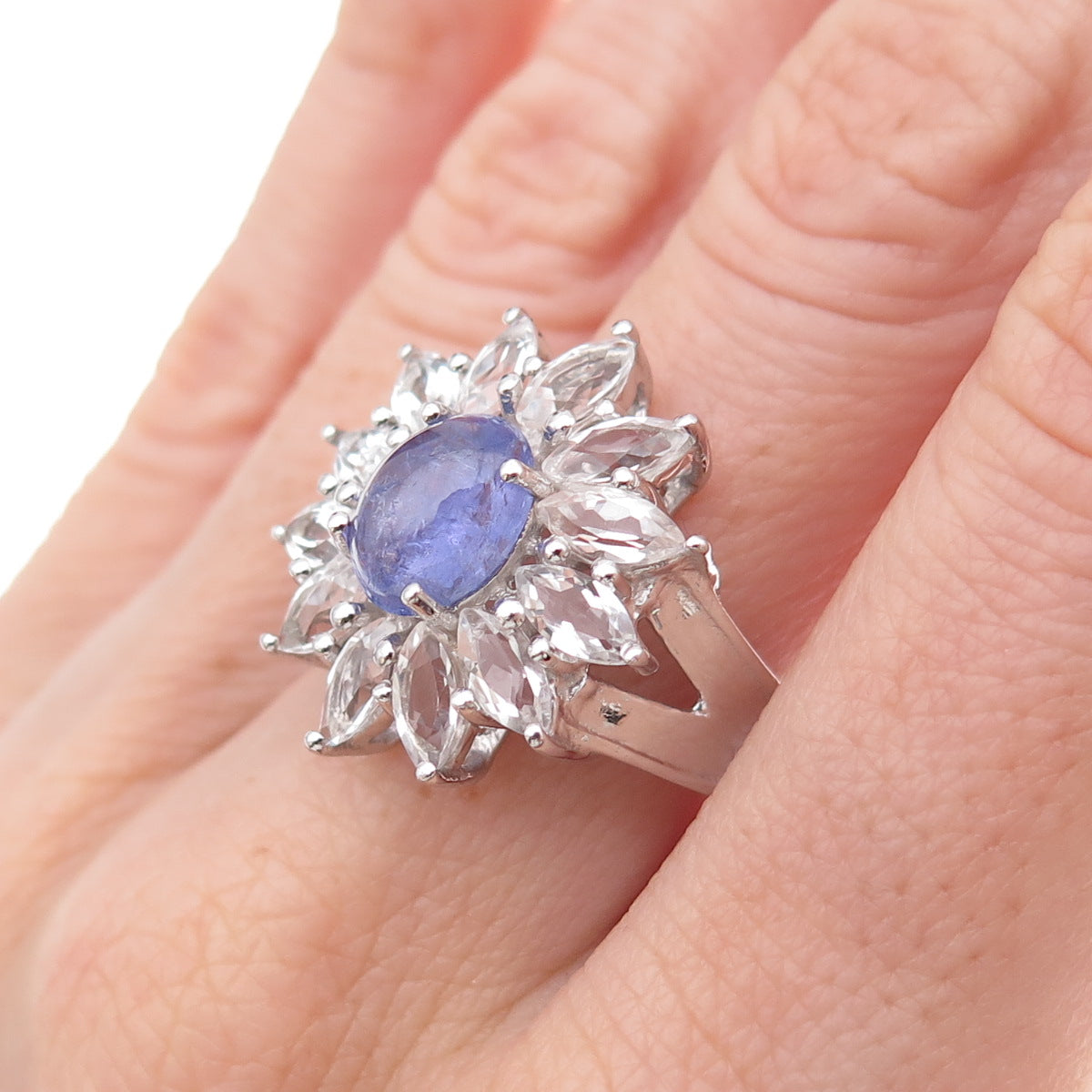 925 Sterling Silver Real Tanzanite & White Topaz Floral Ring Size 8