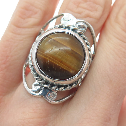 925 Sterling Silver Vintage Real Round-Cut Tiger Eye Heart Ornate Ring Size 11