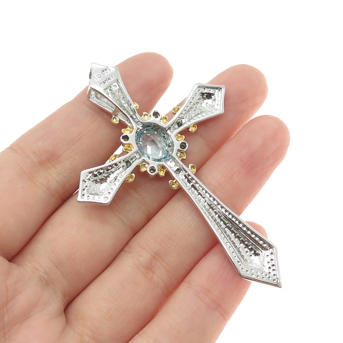 925 Sterling Silver 2-Tone Real Diamond & Blue Topaz Cross Pendant