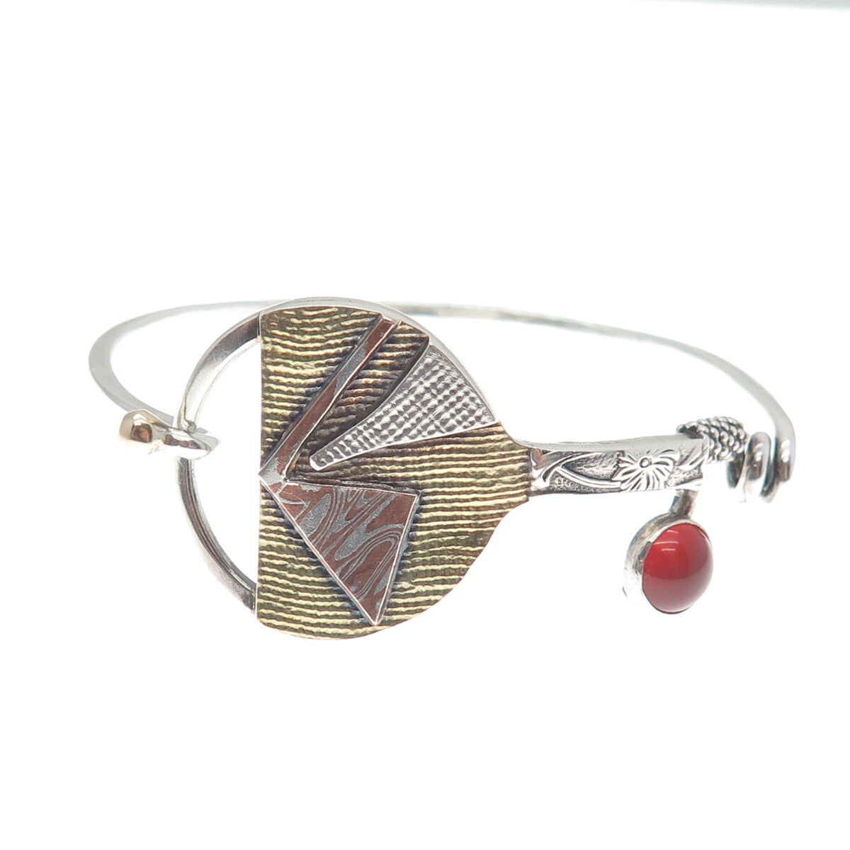 925 Sterling Silver & 14K Multi-Gold Vintage Carnelian Modernist Bracelet 6.75"