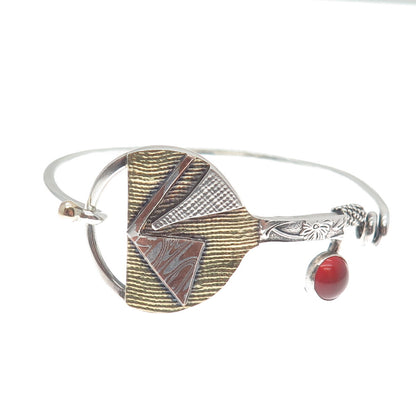 925 Sterling Silver & 14K Multi-Gold Vintage Carnelian Modernist Bracelet 6.75"