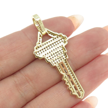 925 Sterling Silver Gold Plated Round & Baguette-Cut C Z Key Pendant