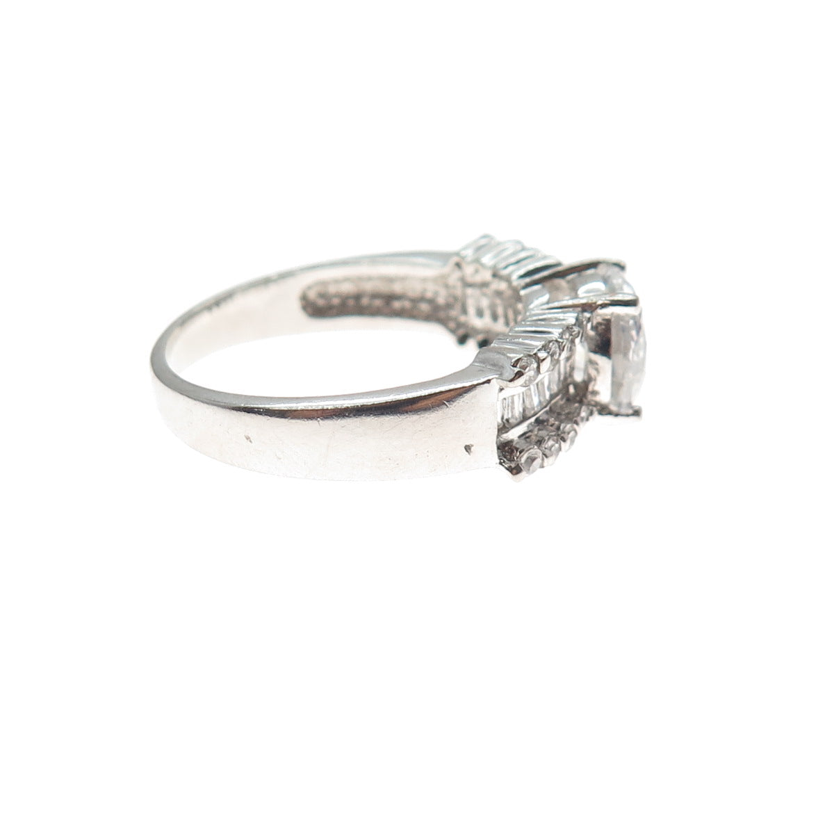 925 Sterling Silver Vintage Round & Emerald-Cut C Z Engagement Ring Size 8