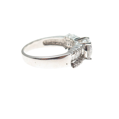 925 Sterling Silver Vintage Round & Emerald-Cut C Z Engagement Ring Size 8