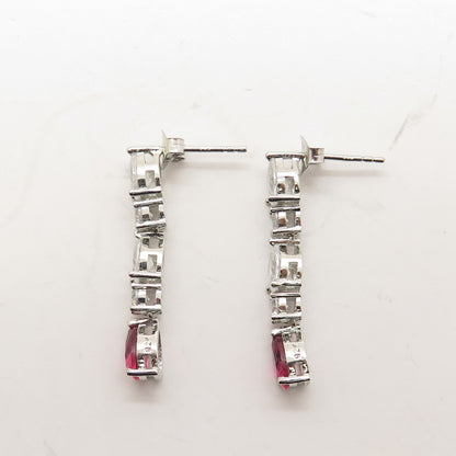 925 Sterling Silver White & Pink C Z Dangling Earrings