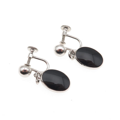Simmons 925 Sterling Antique Art Deco Real Black Onyx Screw Back Dangle Earrings
