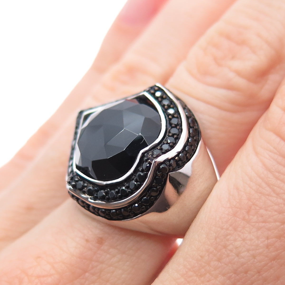 925 Sterling Silver Real Round-Cut Black Spinel Modernist Ring Size 7.5