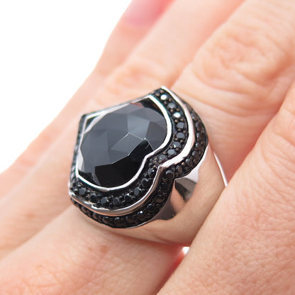 925 Sterling Silver Real Round-Cut Black Spinel Modernist Ring Size 7.5