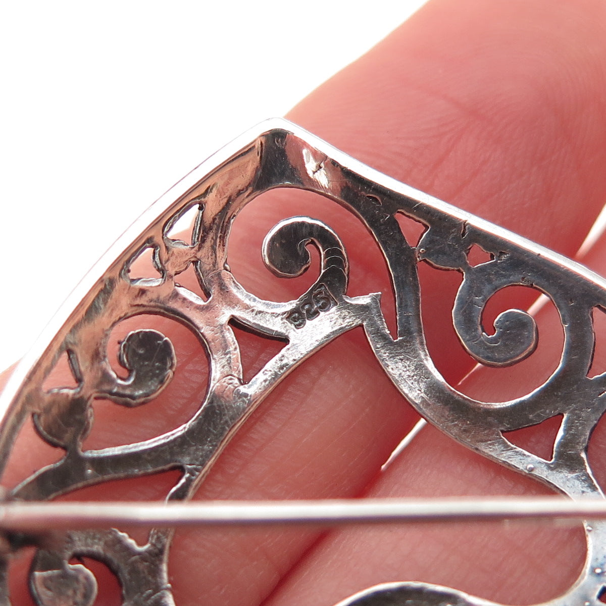 925 Sterling Silver Vintage Spiral Heart Oxidized Pin Brooch