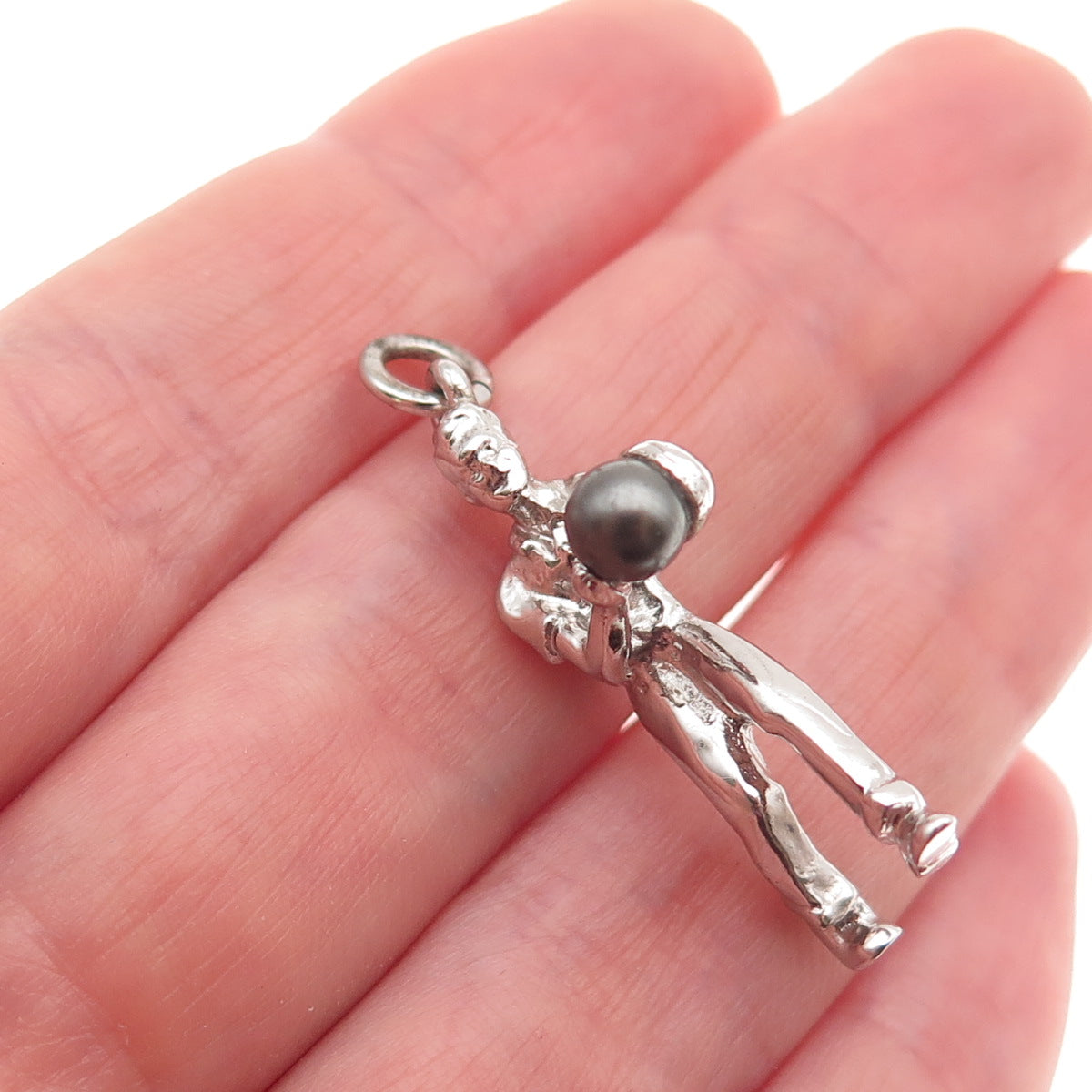 Cellini 925 Sterling Silver Vintage Faux Pearl Bowling Player 3D Charm Pendant