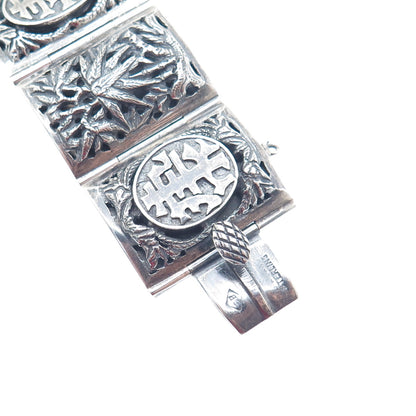 925 Sterling Silver Vintage Chinese Character & Floral Oxidized Bracelet 6.75"