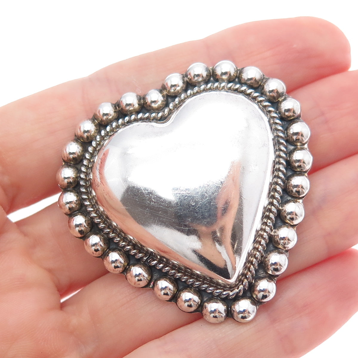 925 Sterling Silver Vintage CII Mexico Oxidized Beaded Heart Pin Brooch