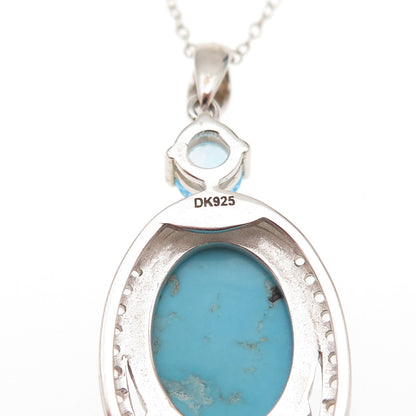 925 Sterling Silver Real Turquoise Blue & White Topaz Cable Chain Necklace 18"