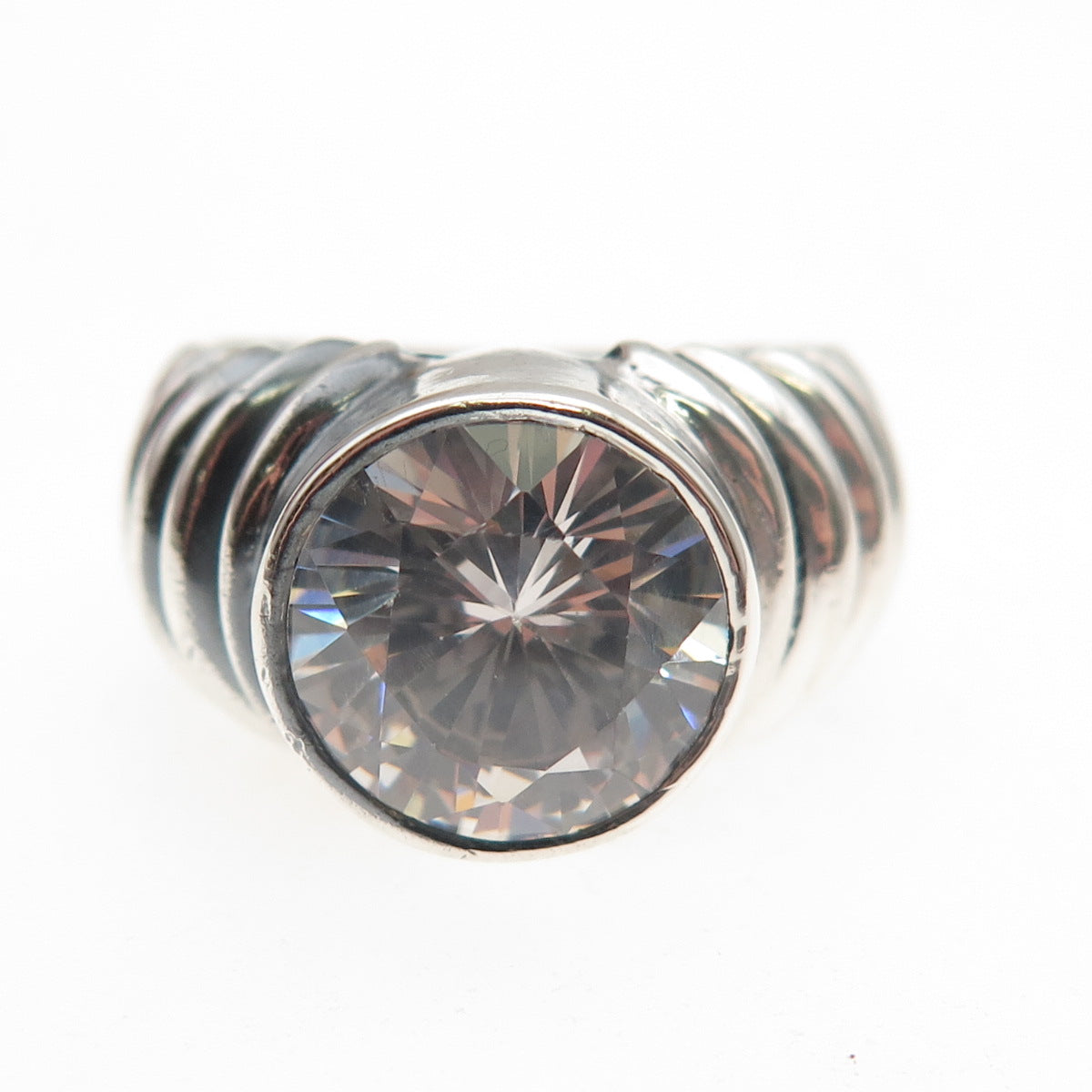 925 Sterling Silver Vintage Round-Cut C Z Modernist Oxidized Ring Size 6