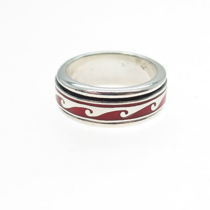 925 Sterling Silver Vintage Enamel Wave Rotating Band Ring Size 7.25