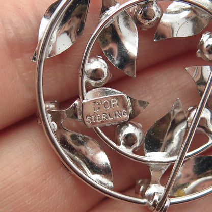 925 Sterling Silver Antique D'OR Rhinestone Leaves Round Pin Brooch