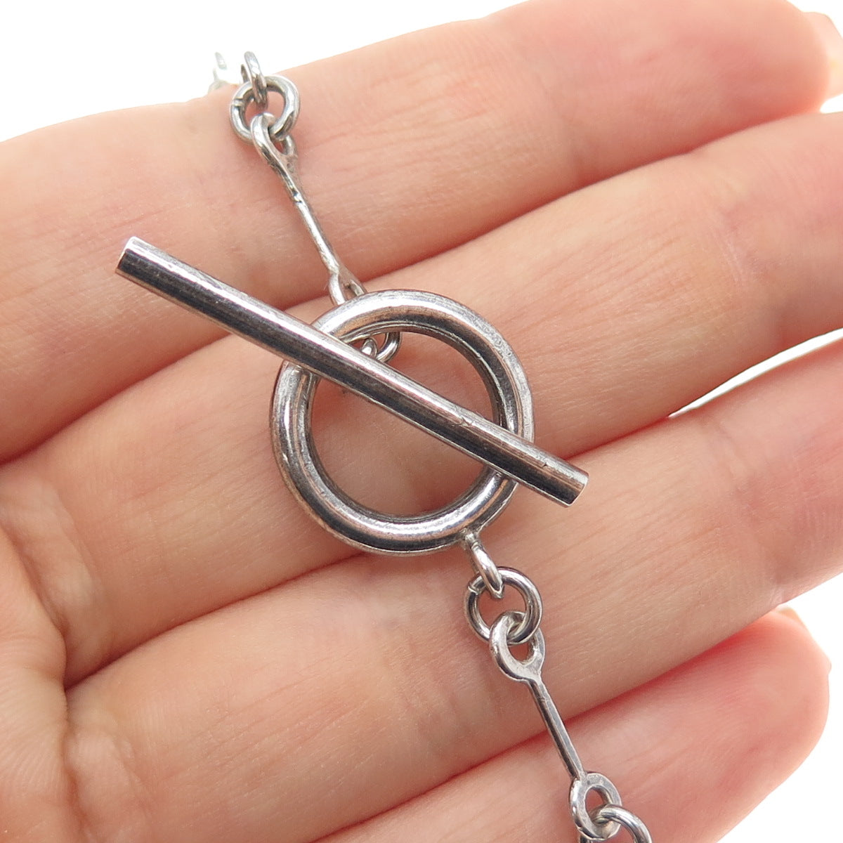 925 Sterling Silver Vintage Modernist Station Bar Chain Oxidized Necklace 32"