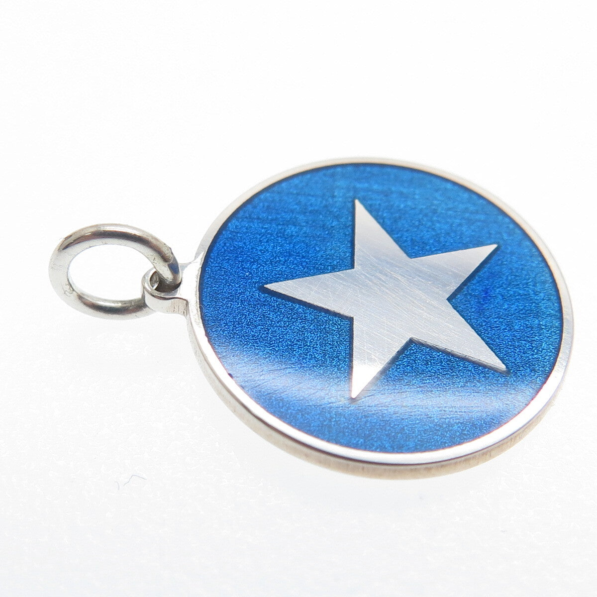 925 Sterling Silver Blue Enamel Star Round Tag Minimalist Charm Pendant