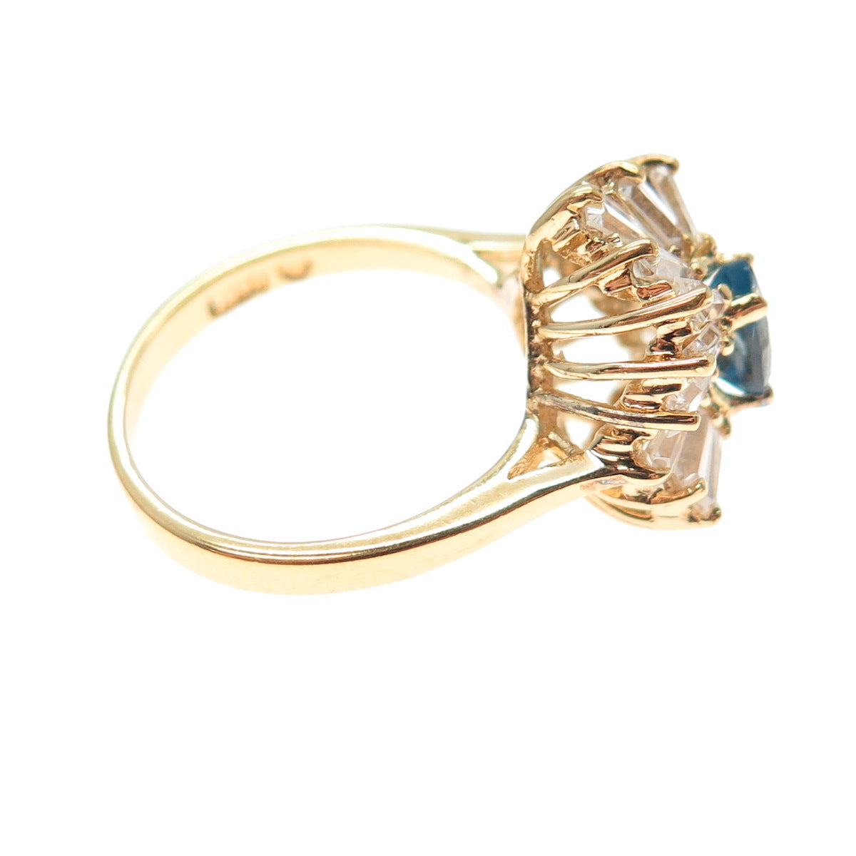 925 Sterling Silver Gold Plated Real London Blue Topaz & C Z Ring Size 6.75