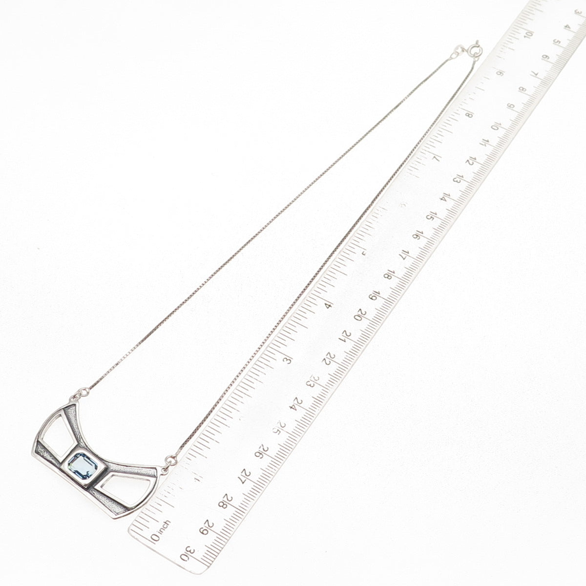 Noy Li 925 Sterling Silver Vintage Israel Blue C Z Bow Box Chain Necklace 18"