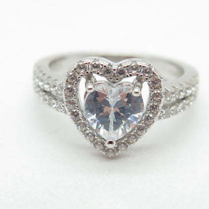 925 Sterling Silver Heart & Round-Cut C Z Promise Ring Size 5