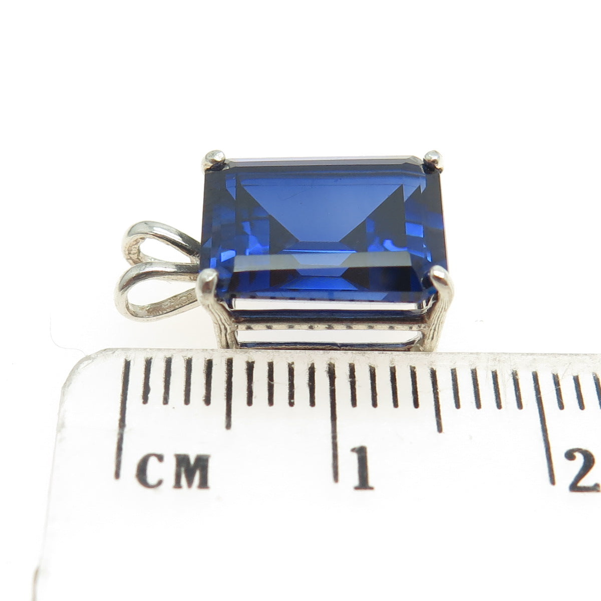 925 Sterling Silver Vintage Emerald-Cut Lab-Created Sapphire Pendant