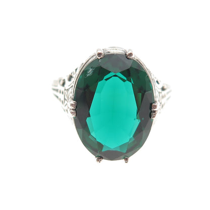 925 Sterling Silver Vintage Oval-Cut Green C Z Oxidized Ring Size 8.75