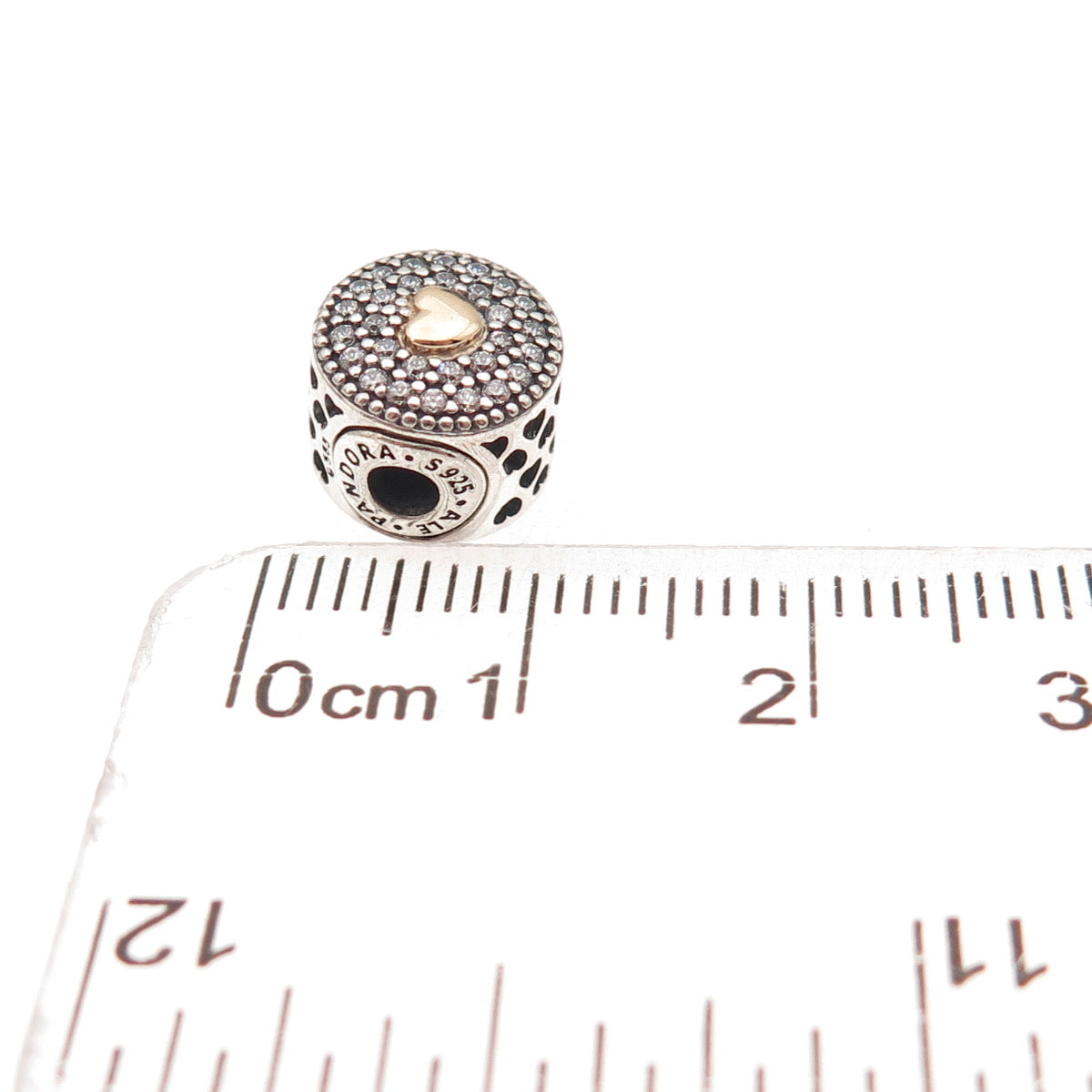 Pandora 925 Sterling Silver & Gold C Z Essence Affection Heart Slide Bead Charm