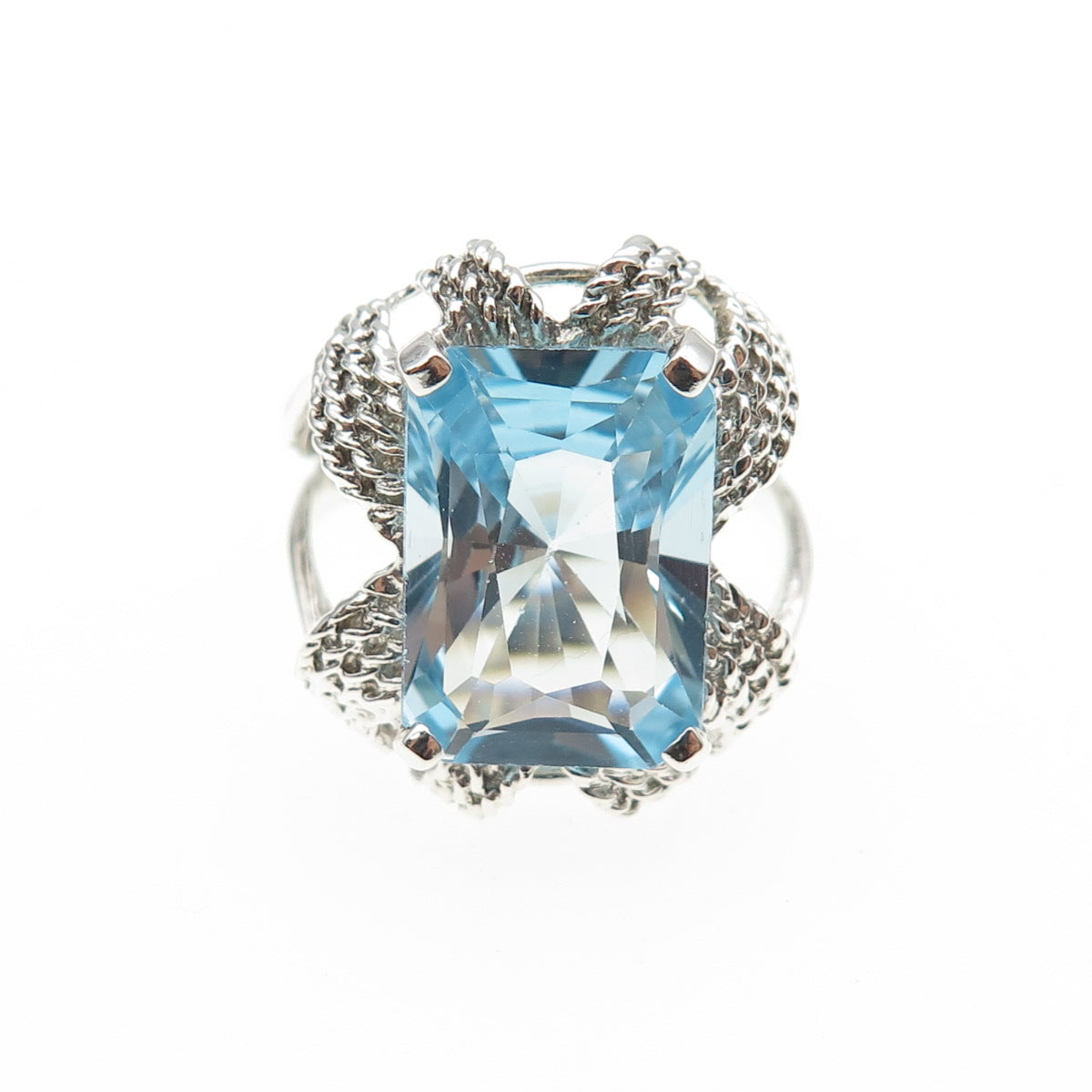 MEI 925 Sterling Silver Vintage Real Radiant-Cut Blue Topaz Ring Size 7