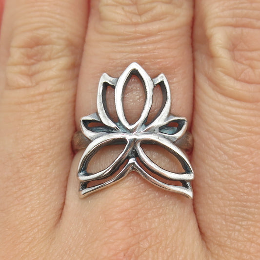 925 Sterling Silver Vintage Lotus Floral Ring Size 6.5