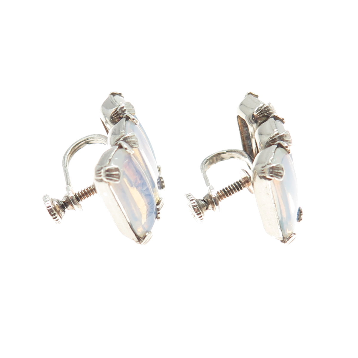 925 Sterling Silver Vintage Real Opalite Gemstone Screw Back Earrings