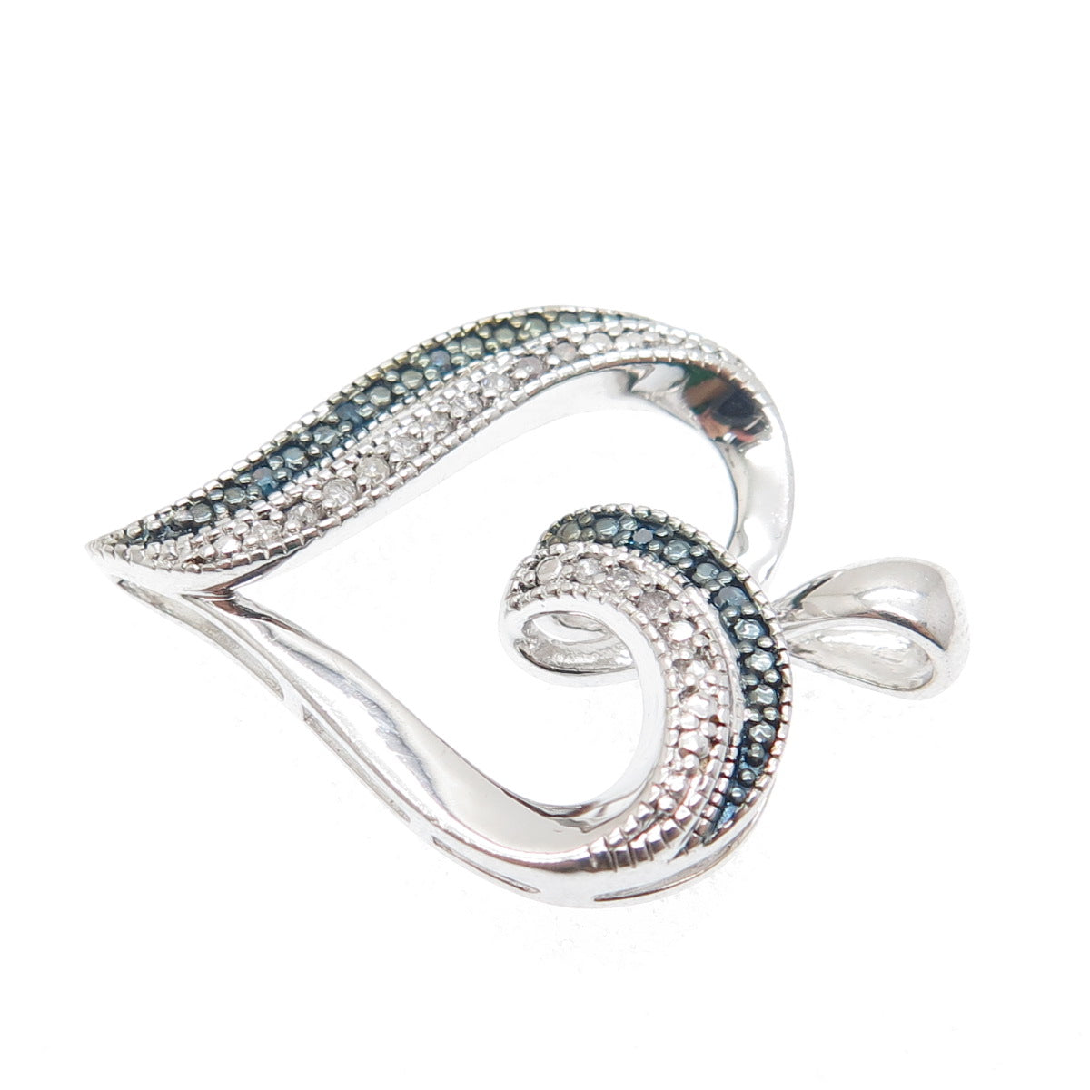 SUN 925 Sterling Silver Real Round-Cut White & Blue Diamond Heart Pendant