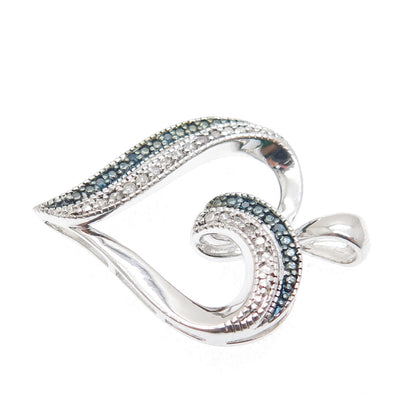 SUN 925 Sterling Silver Real Round-Cut White & Blue Diamond Heart Pendant