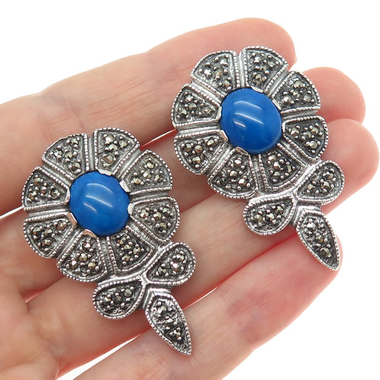 925 Sterling Silver Vintage Lapis Marcasite Flower Oxidized Omega Back Earrings