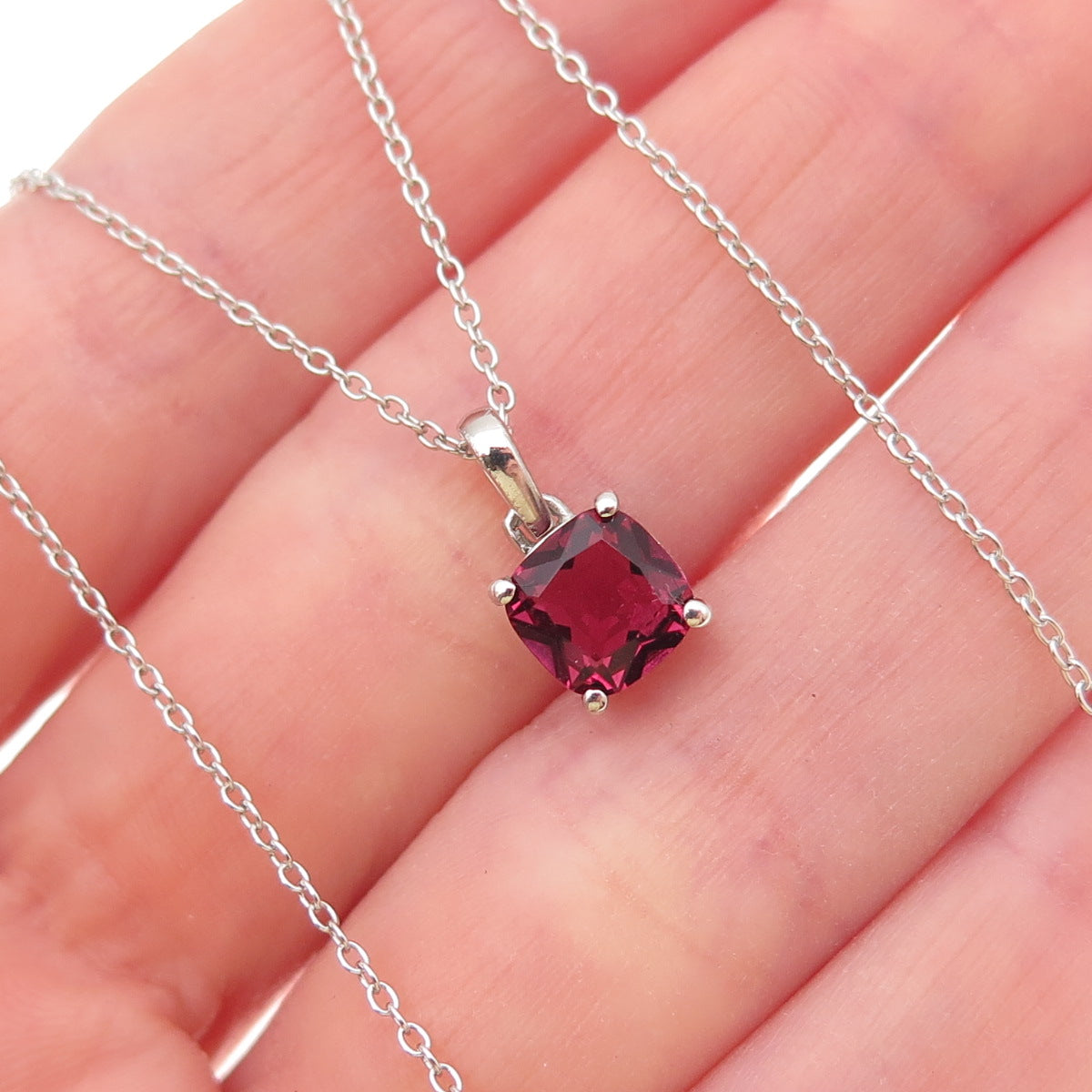 925 Sterling Silver Real Cushion-Cut Rhodolite Cable Chain Necklace 18"