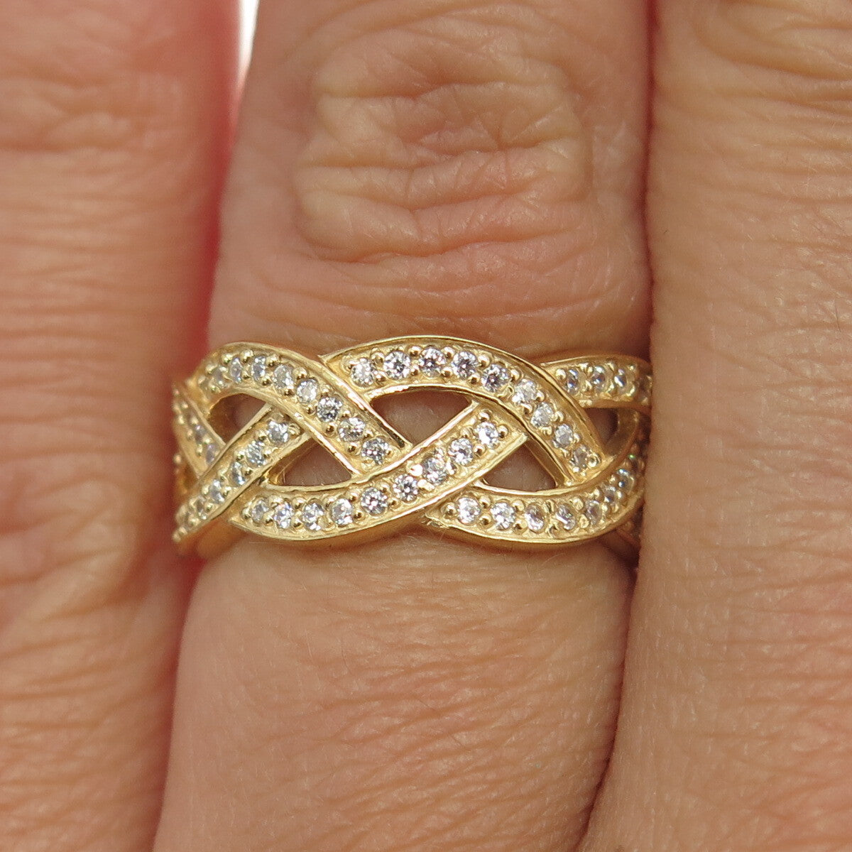 925 Sterling Silver Gold Plated Pave C Z Celtic Band Ring Size 6