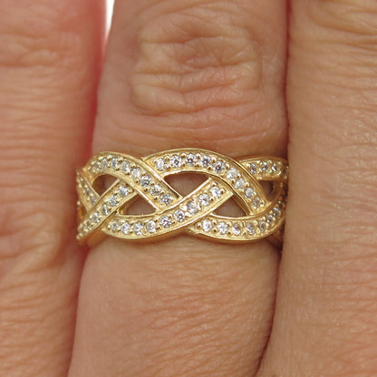 925 Sterling Silver Gold Plated Pave C Z Celtic Band Ring Size 6