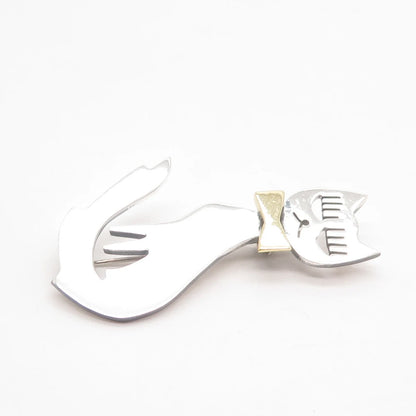 925 Sterling Silver 2-Tone Vintage Mexico Cat w/ Bow Pin Brooch