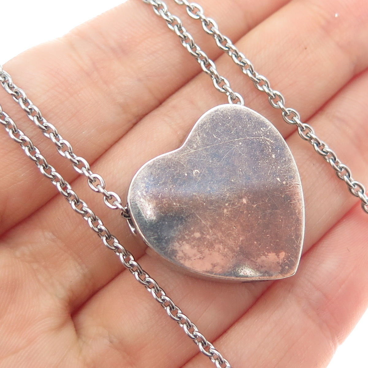 925 Sterling Silver Vintage Heart Cremation Urn Oxidized Chain Necklace 28"