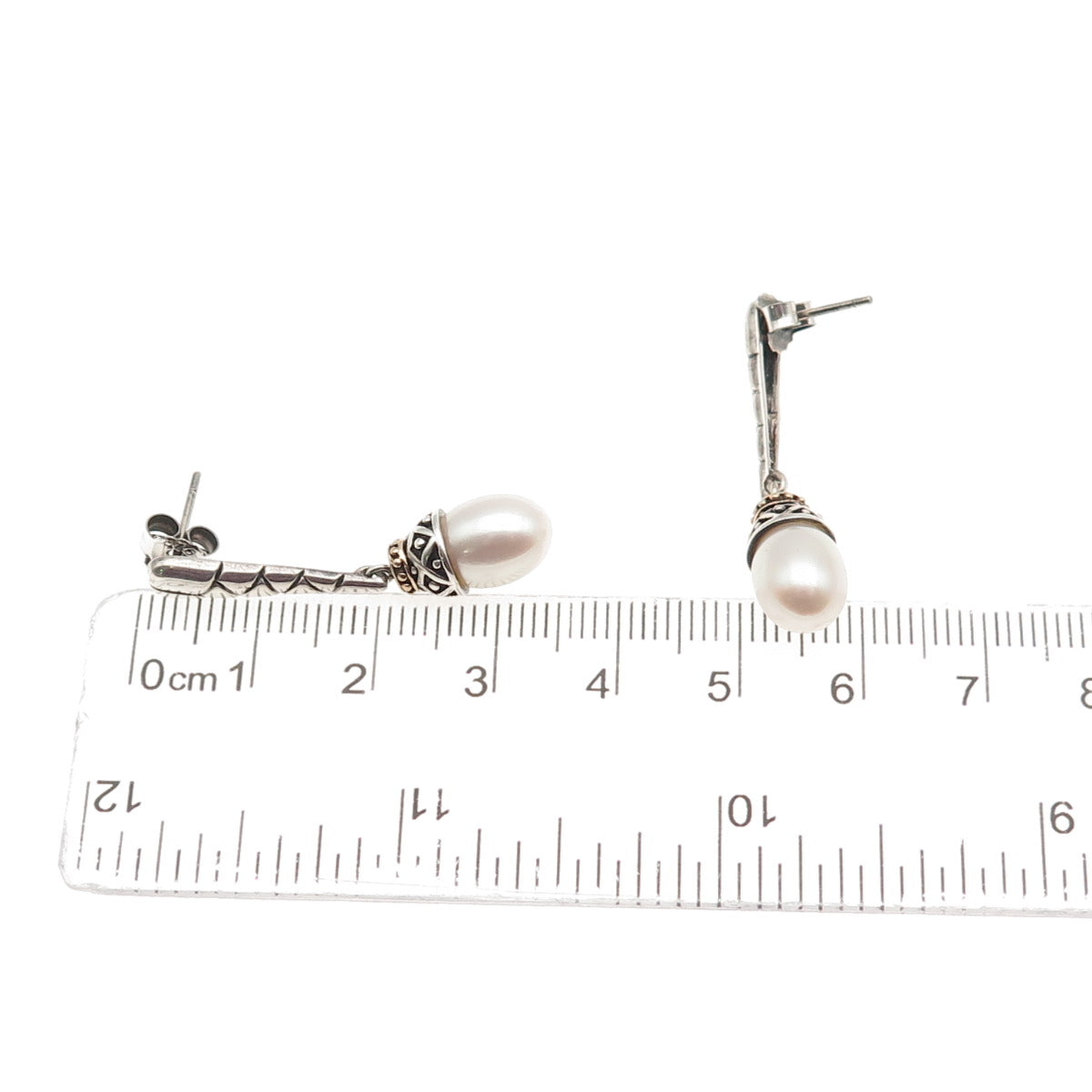 925 Sterling Silver 14K Gold Vintage ATR Real Pearl Modernist Dangle Earrings