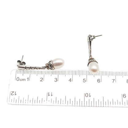 925 Sterling Silver 14K Gold Vintage ATR Real Pearl Modernist Dangle Earrings