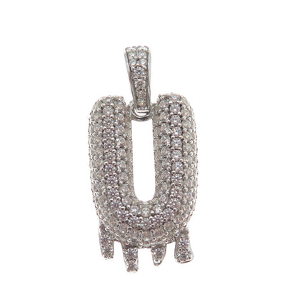 925 Sterling Silver Round-Cut Shaped C Z Letter U Initial Sparkle Pendant