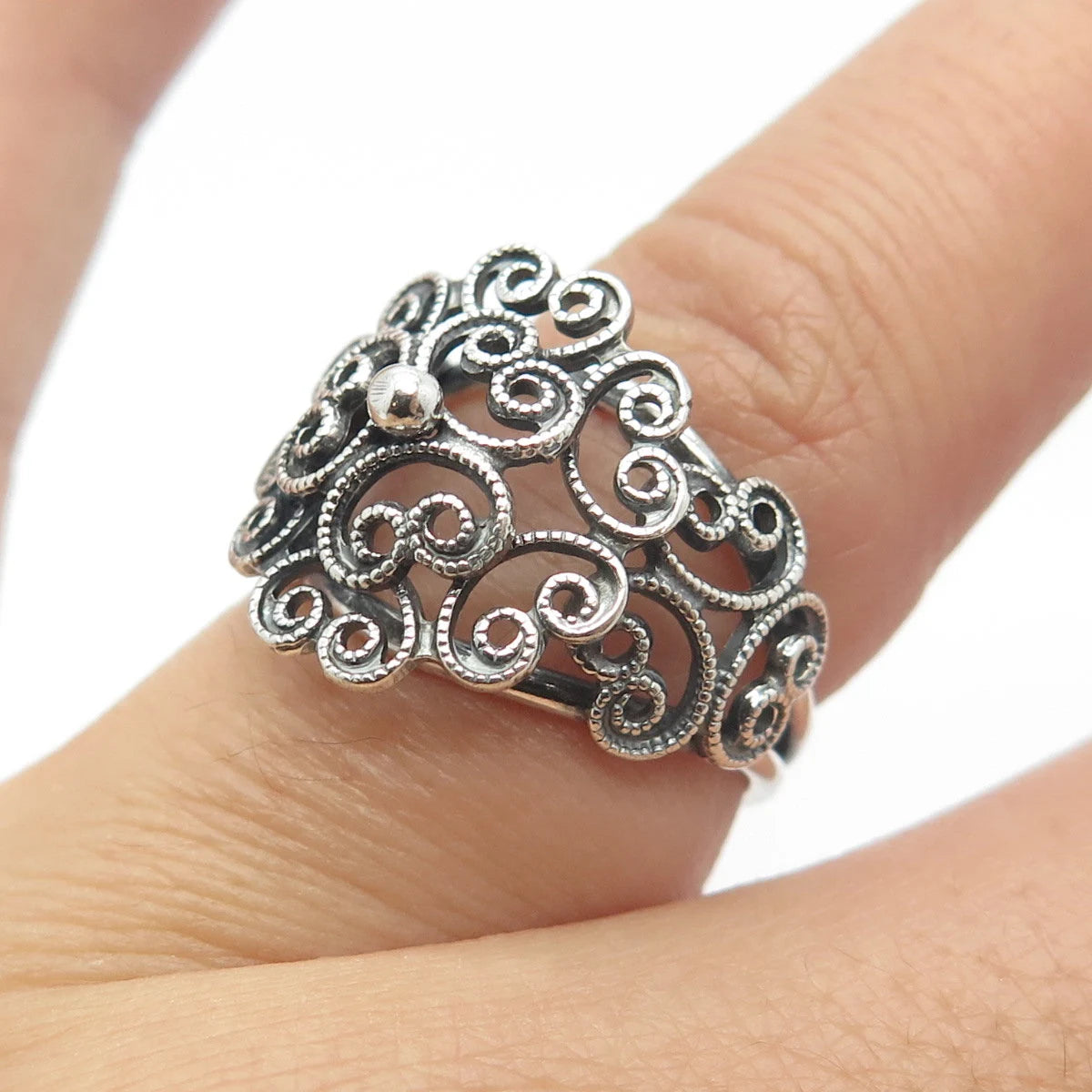 925 Sterling Silver Vintage Beau Swirl Heart Adjustable Ring Size 6