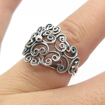 925 Sterling Silver Vintage Beau Swirl Heart Adjustable Ring Size 6