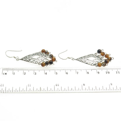 925 Sterling Silver Vintage Real Tiger Eye Gemstone Ornate Chandelier Earrings