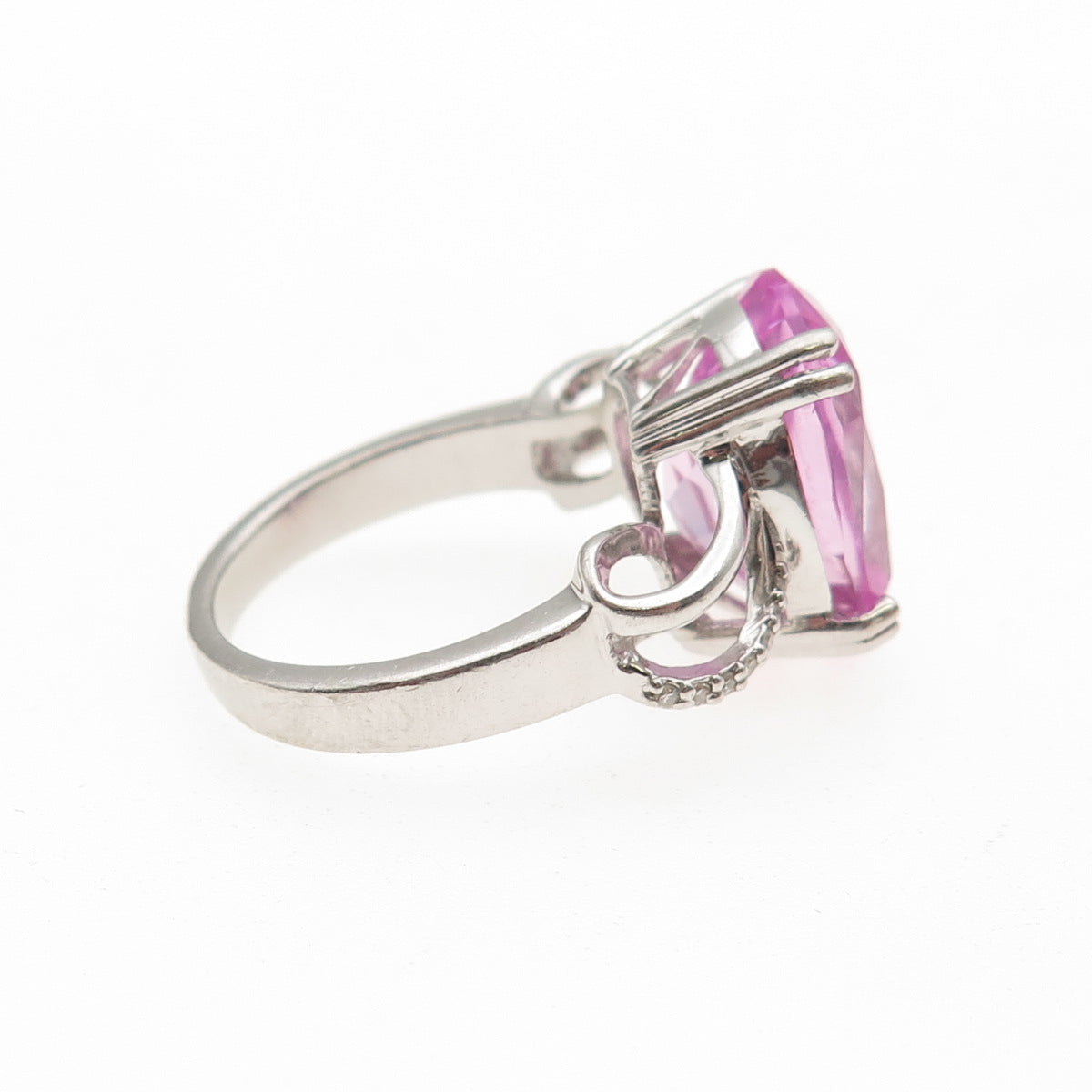 925 Sterling Silver Real Round-Cut Diamond & Oval-Cut Pink Topaz Ring Size 7