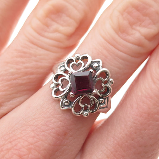 Nevada 925 Sterling Silver Vintage Real Red Garnet Heart Floral Ring Size 6.25
