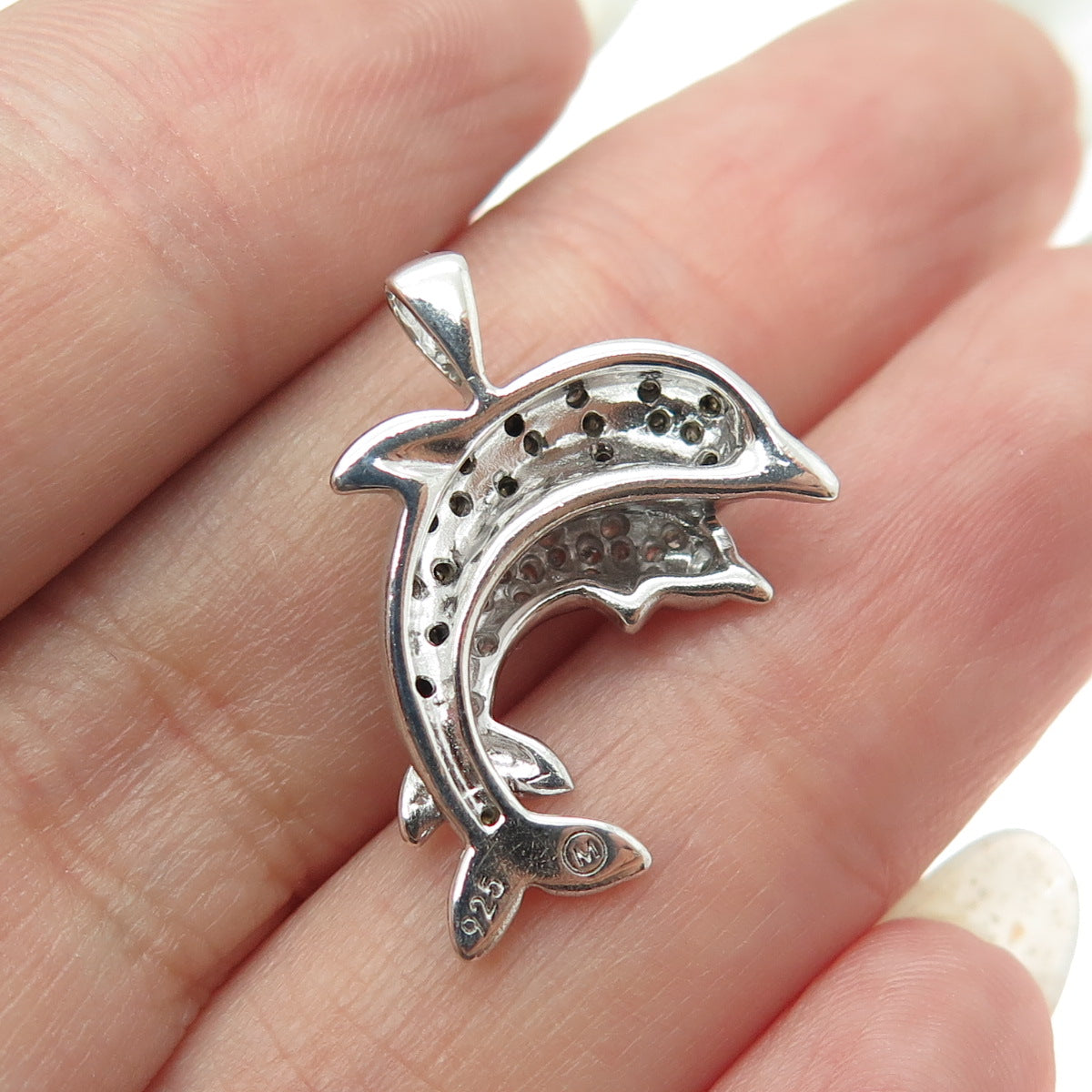 925 Sterling Silver Real Round-Cut Black & White Diamond Dolphin Pendant